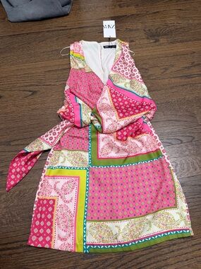 Zara Pink Patchwork Print Wrap Dress